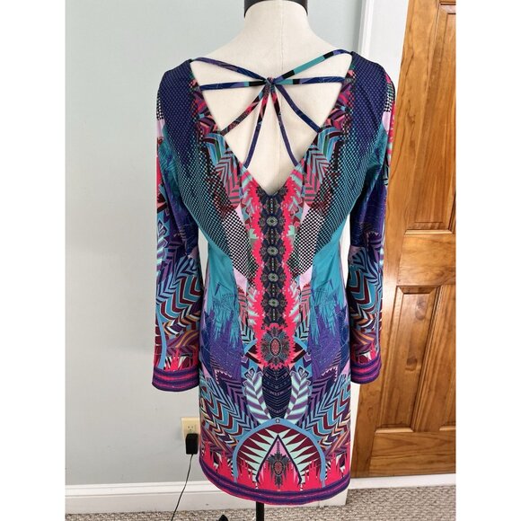 Hale Bob Dress Bold Peacock Art To Wear Geometric Flutter Sleeves SZ Med - Picture 3 of 8